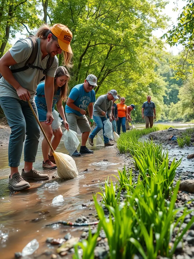 A photograph showcasing volunteers participating in a river cleanup activity, removing debris and planting native vegetation along the riverbank, symbolizing the organization's commitment to aquatic ecosystem restoration.