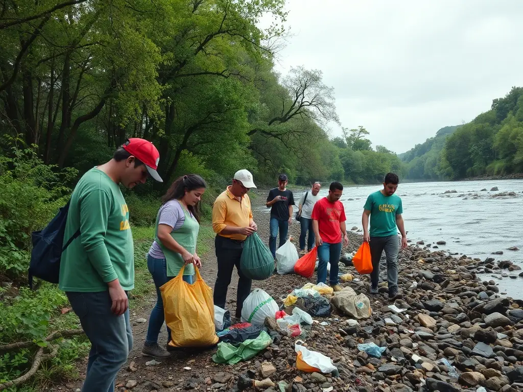 A photograph of volunteers participating in a river cleanup, emphasizing community involvement in maintaining aquatic health.