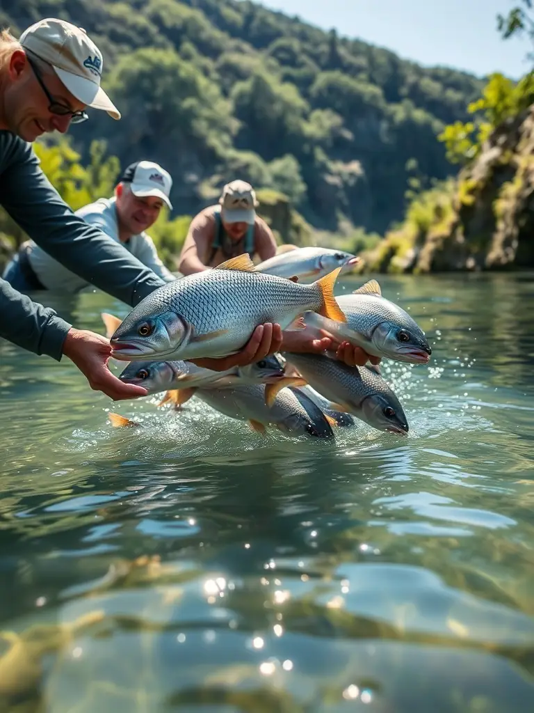 A photograph of fish being released into a restored section of a river, showcasing the success of the fish breeding program and its contribution to biodiversity.