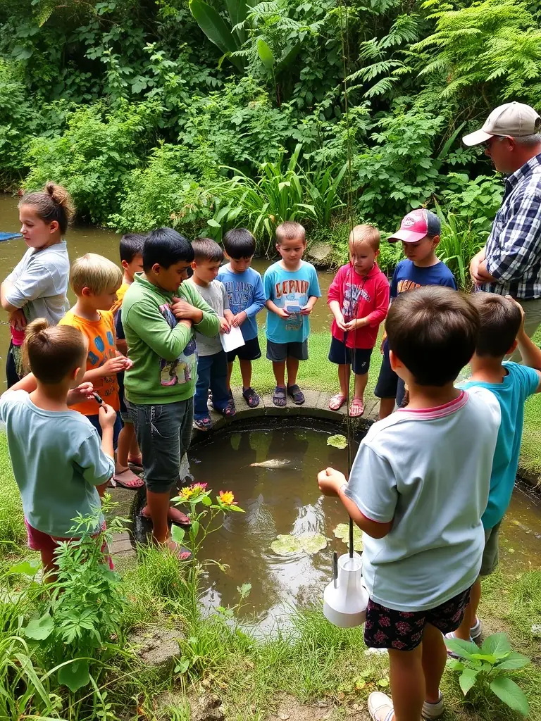 A photograph of children participating in a fishing education workshop, learning about sustainable fishing practices and the importance of aquatic conservation.