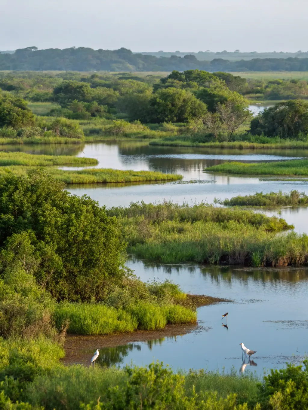 A photograph of a restored wetland area, showcasing the diverse plant and animal life that has returned to the area as a result of the organization's restoration efforts.