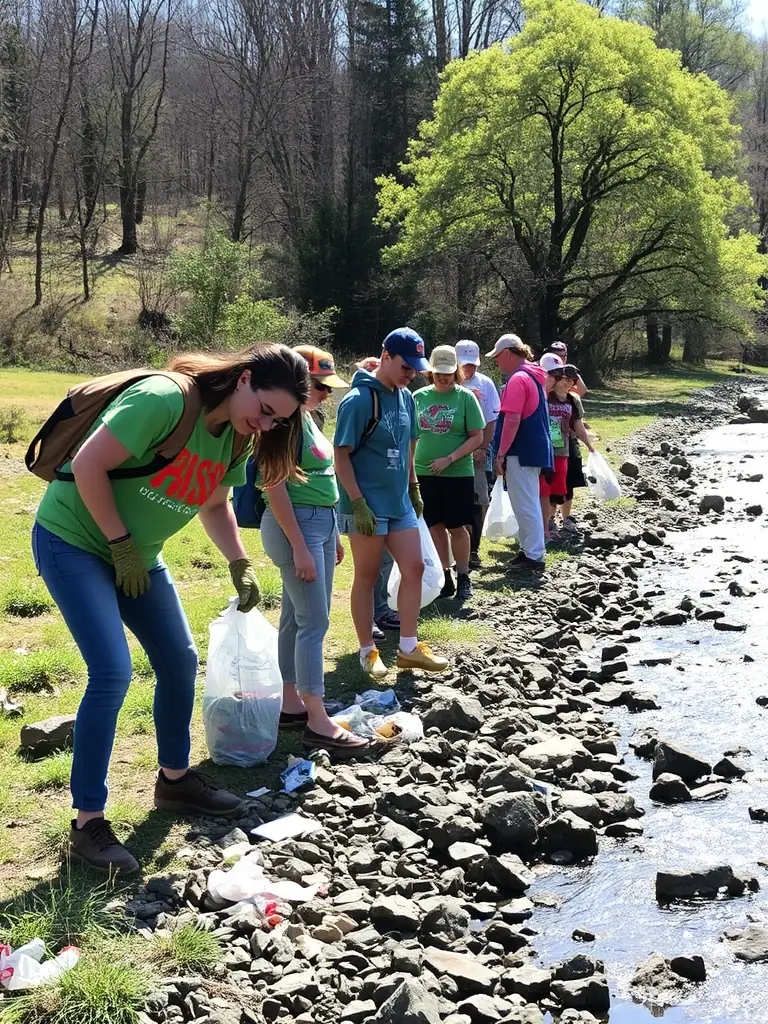 A photograph of volunteers participating in a river cleanup, removing debris and planting native vegetation along the riverbank to improve water quality and habitat.