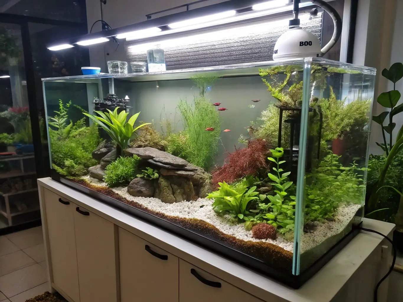 A vibrant image of fish breeding tanks in a natural setting, with community members participating in the process, showcasing the Sustainable Fish Breeding Program.