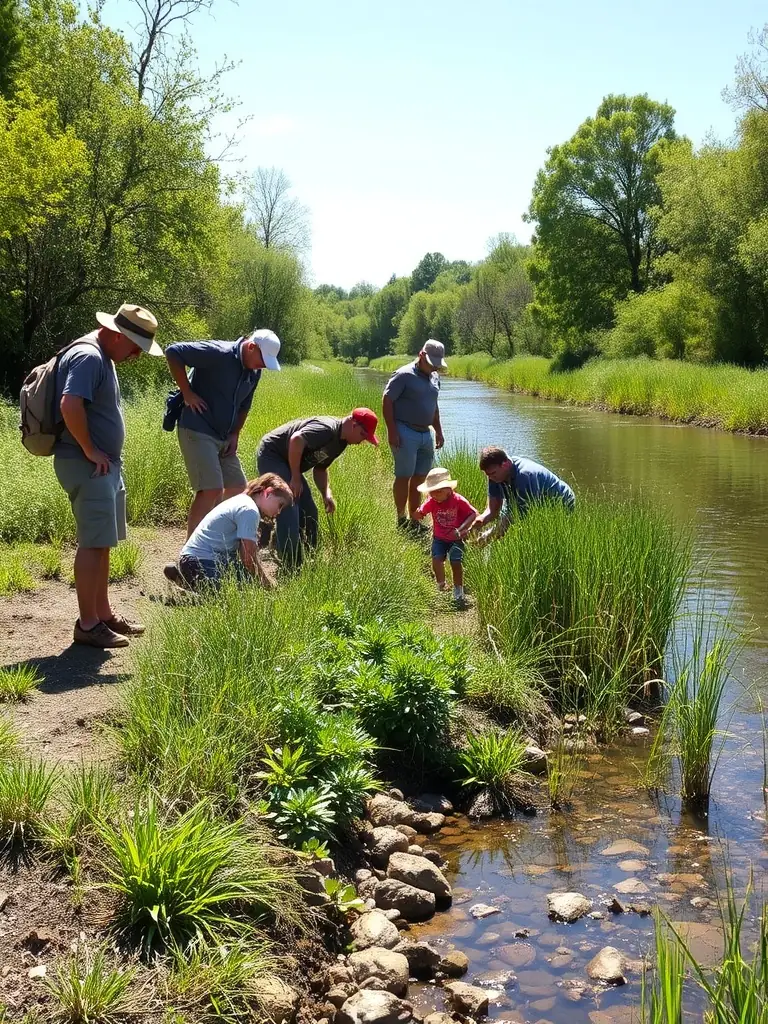 A serene image of a group of volunteers planting native trees along a riverbank, illustrating the organization's commitment to aquatic ecosystem restoration.
