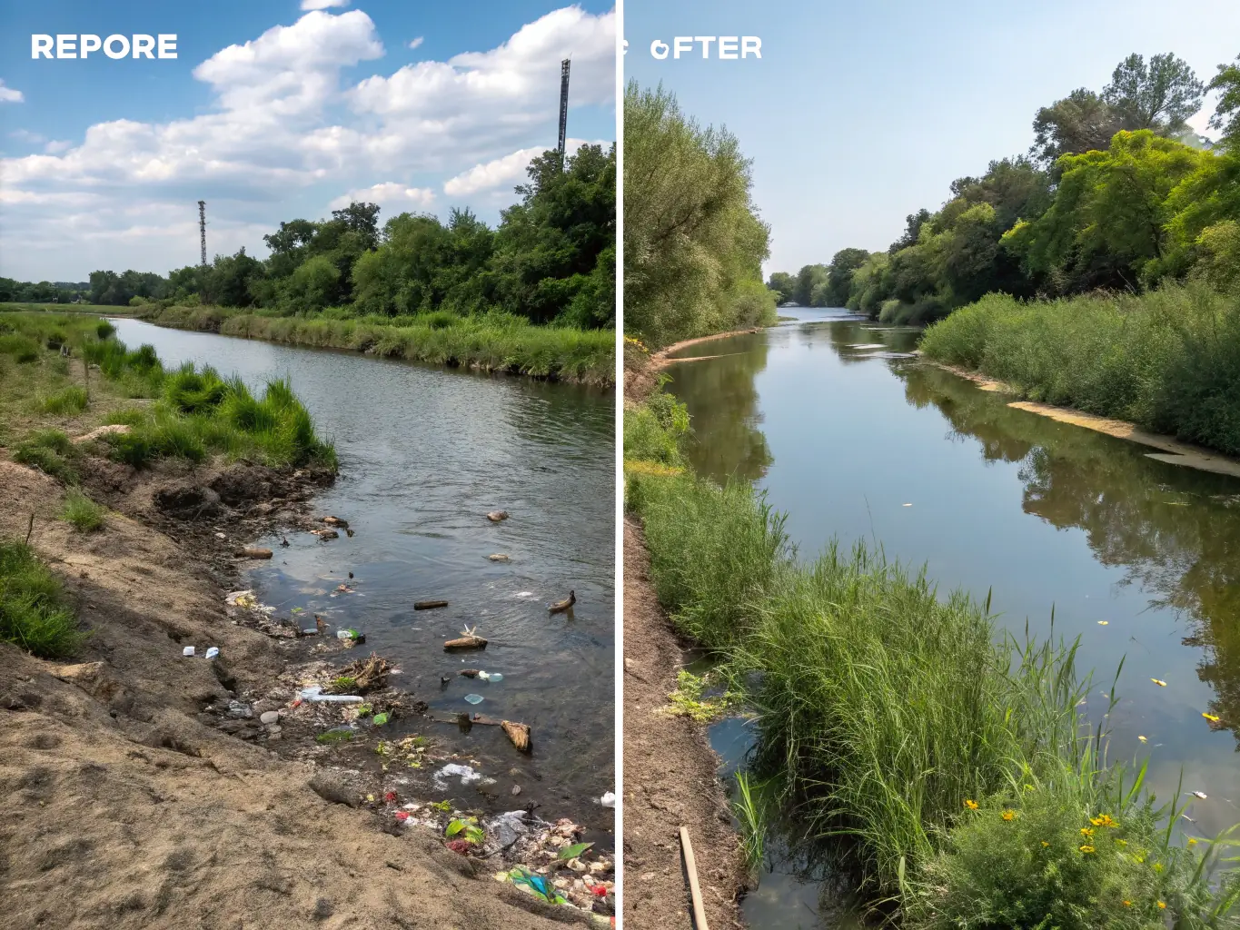 A before-and-after image showing a restored riverbank with lush vegetation and clear water, illustrating the impact of the Aquatic Ecosystem Restoration initiative.