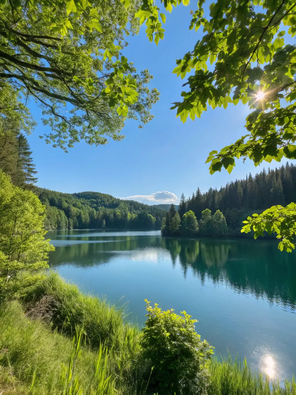 An aerial view of a clean, thriving lake surrounded by lush greenery, symbolizing the positive impact of the organization's conservation efforts.