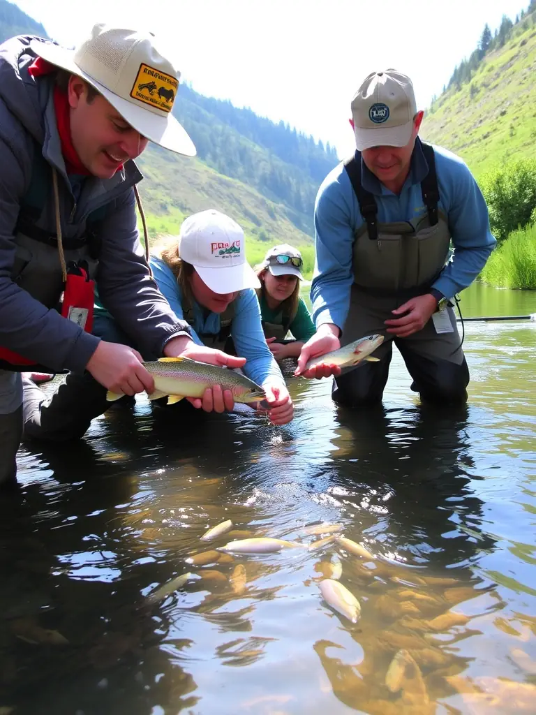 A close-up shot of healthy juvenile fish being released into a restored stream, showcasing the success of the sustainable fish breeding program.