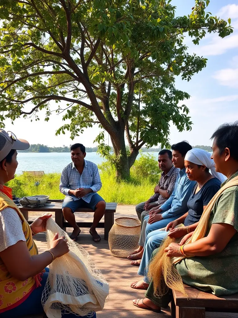 A photo of a community workshop where participants are learning about responsible fishing techniques and the importance of conservation.
